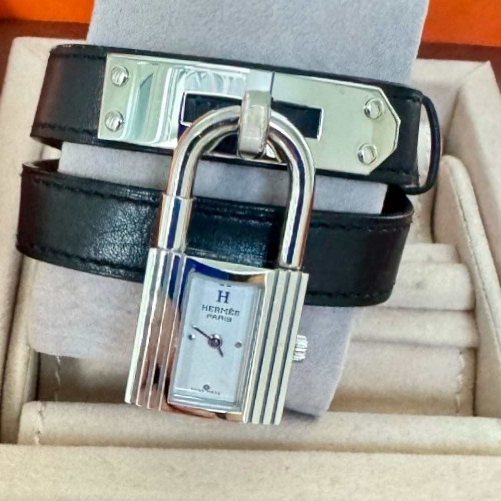 HERMÈS Kelly double tour PM 20 mm Hermès Black Leather Steel watch 3269061 NEW - Picture 11 of 17